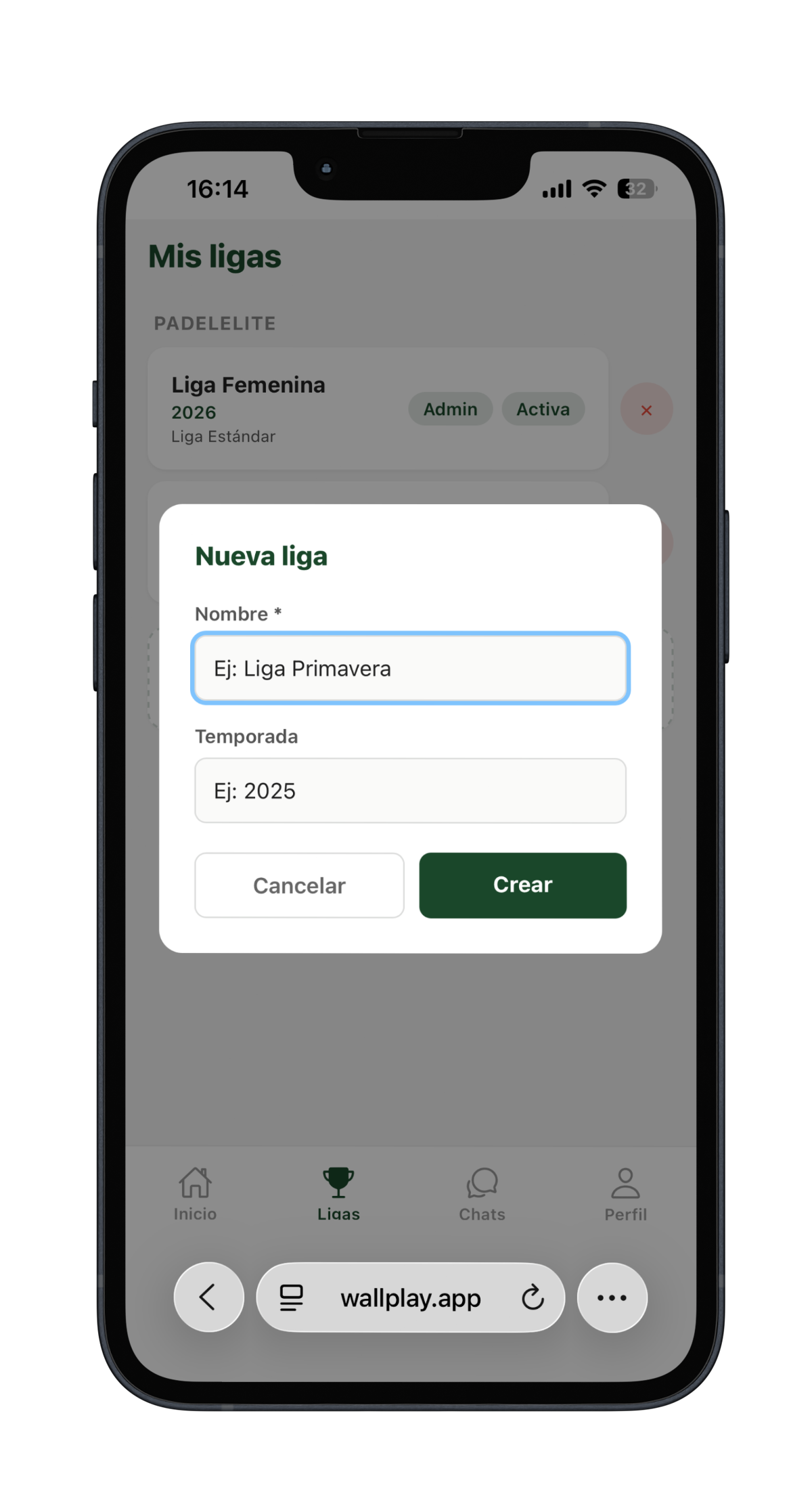 Panel de administración para crear una liga de pádel en Wallplay
